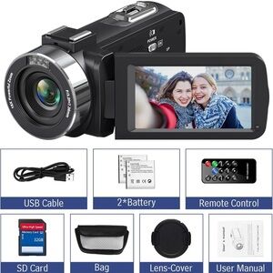 Black Video Camera with Wide-Angle Lens and LCD Screen